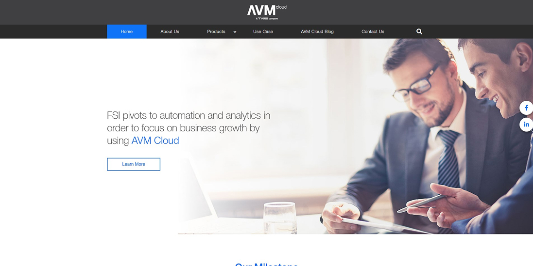 The original AVM Cloud site, cluttered navigation and dated visuals.