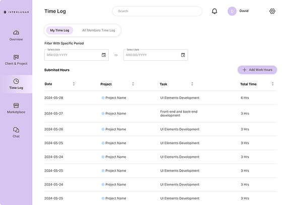Time log, hours added per project and per client.