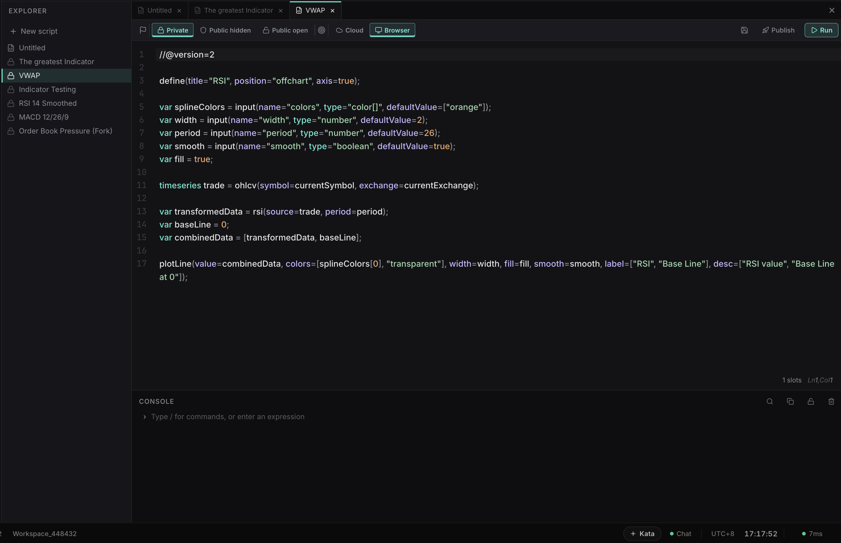 kScript: the in-terminal strategy editor.
