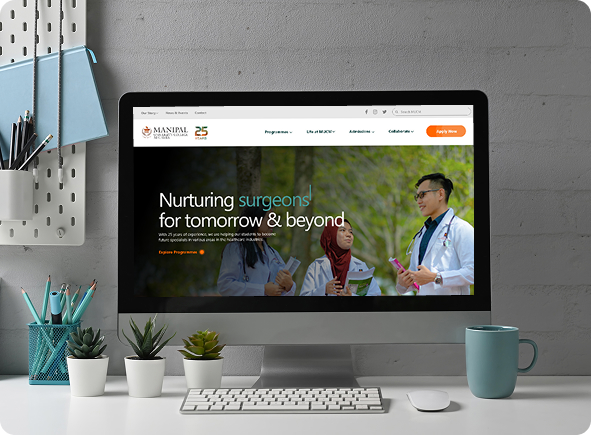 Redesigned landing, 'Nurturing surgeons for tomorrow & beyond' hero on desktop.