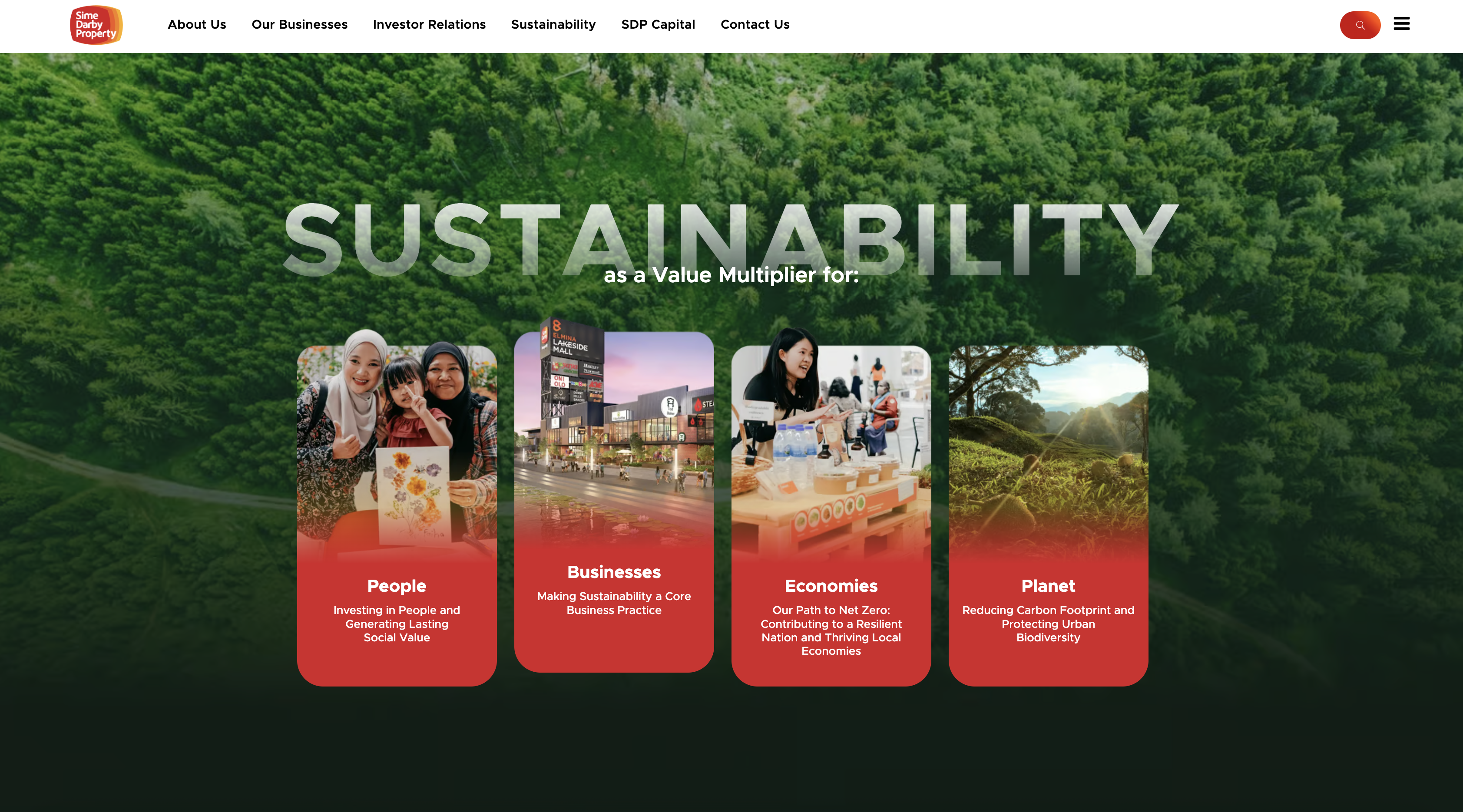 Home hero: 'Sustainability' set over an aerial of forest and land.